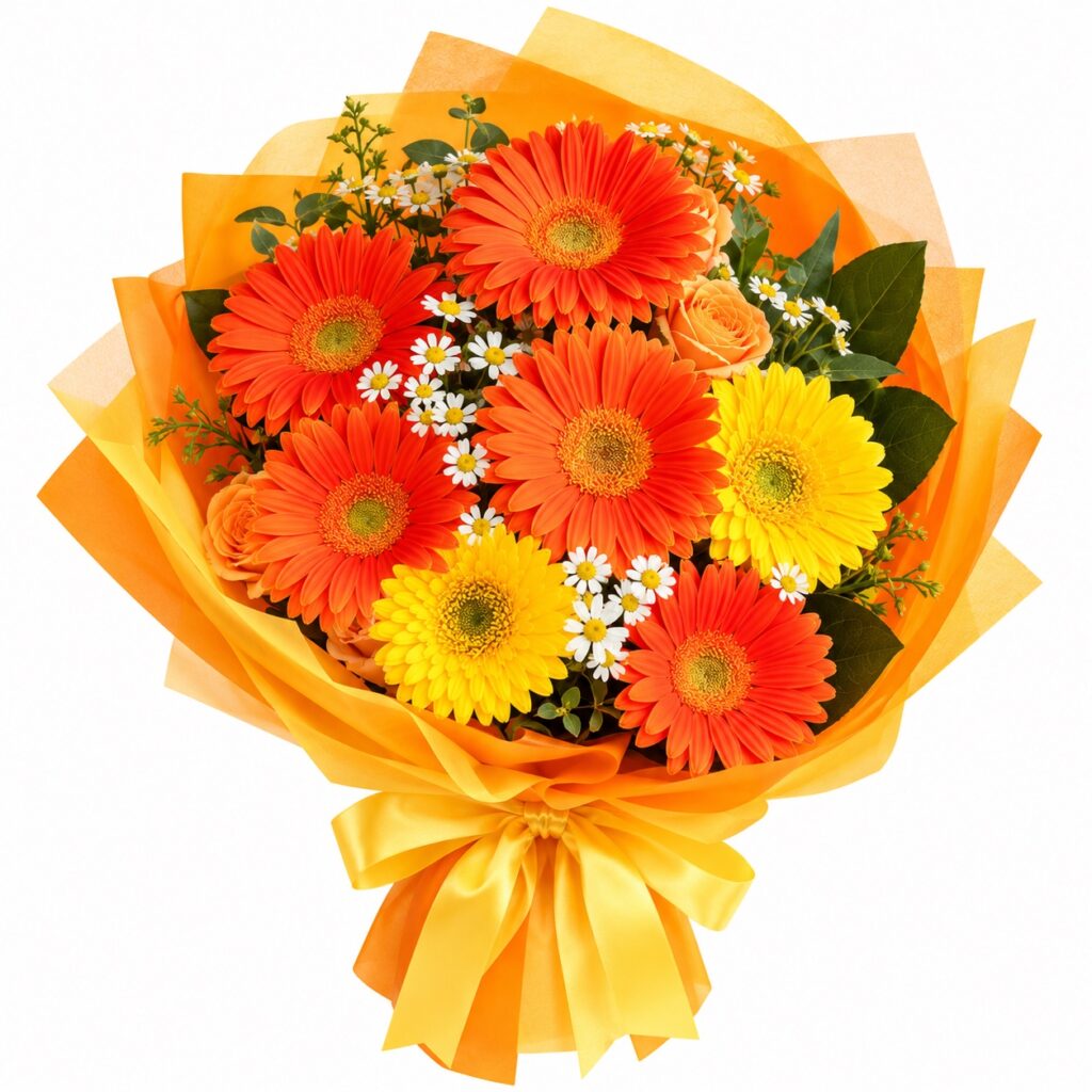Golden Sunshine bouquet with orange and yellow gerberas in golden wrapping on a white background