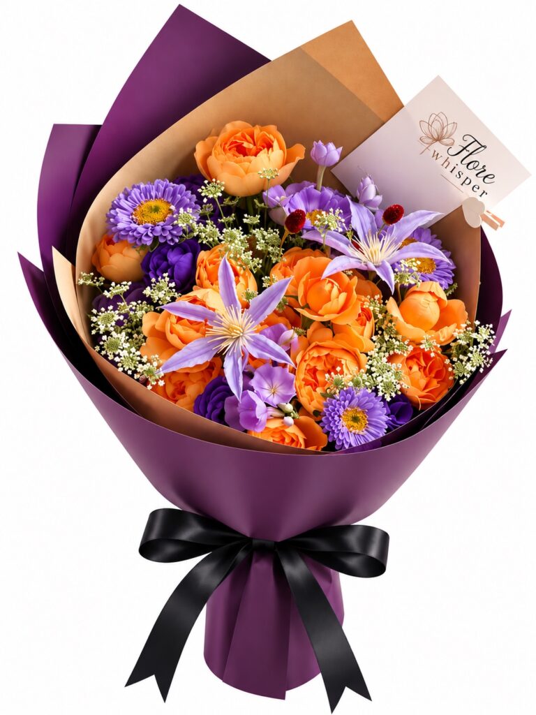 Purple Sunset orange and purple bouquet in deep purple wrapping on a white background