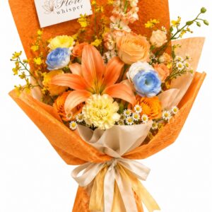 Golden Elegance orange lily and mixed flower bouquet in orange wrapping on a white background