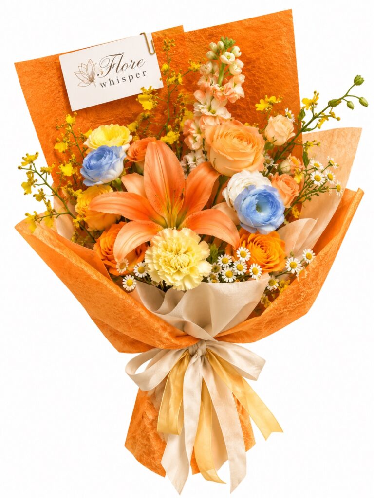 Golden Elegance orange lily and mixed flower bouquet in orange wrapping on a white background