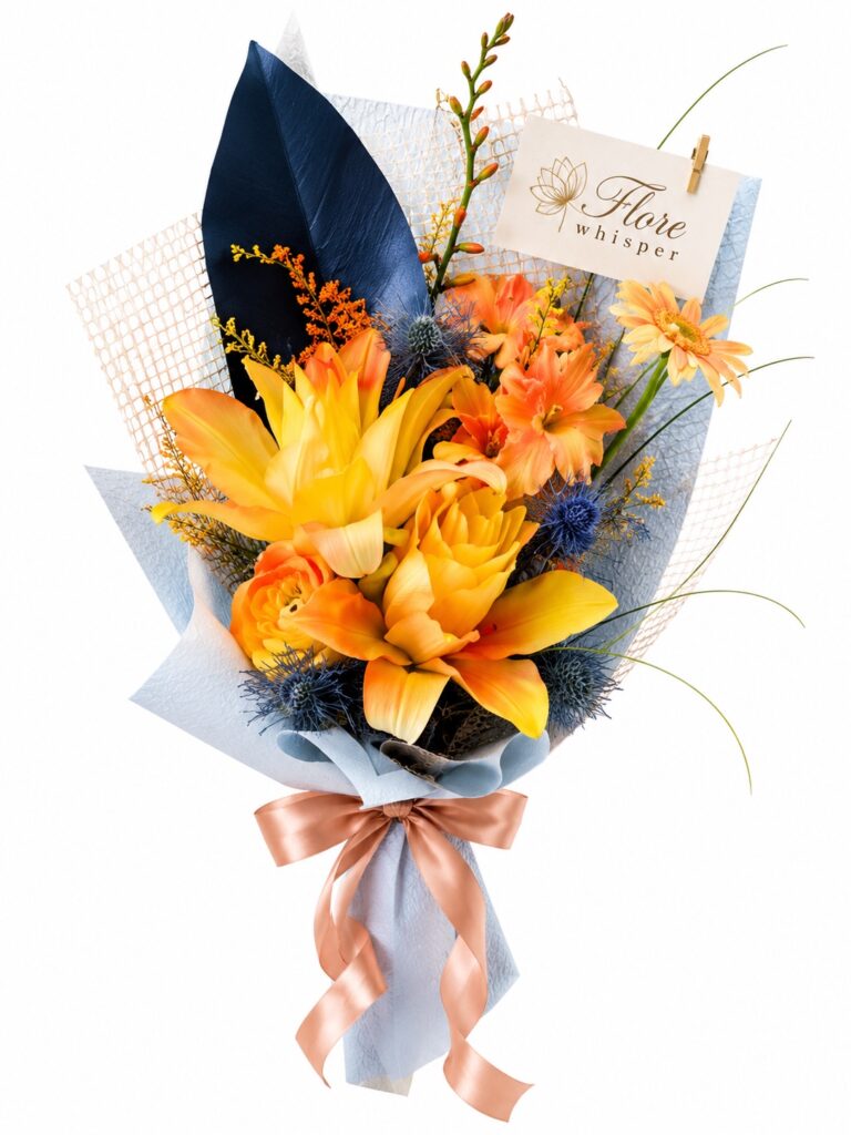 Autumn Radiance golden lily bouquet with blue thistle accents and pale blue wrapping on a white background