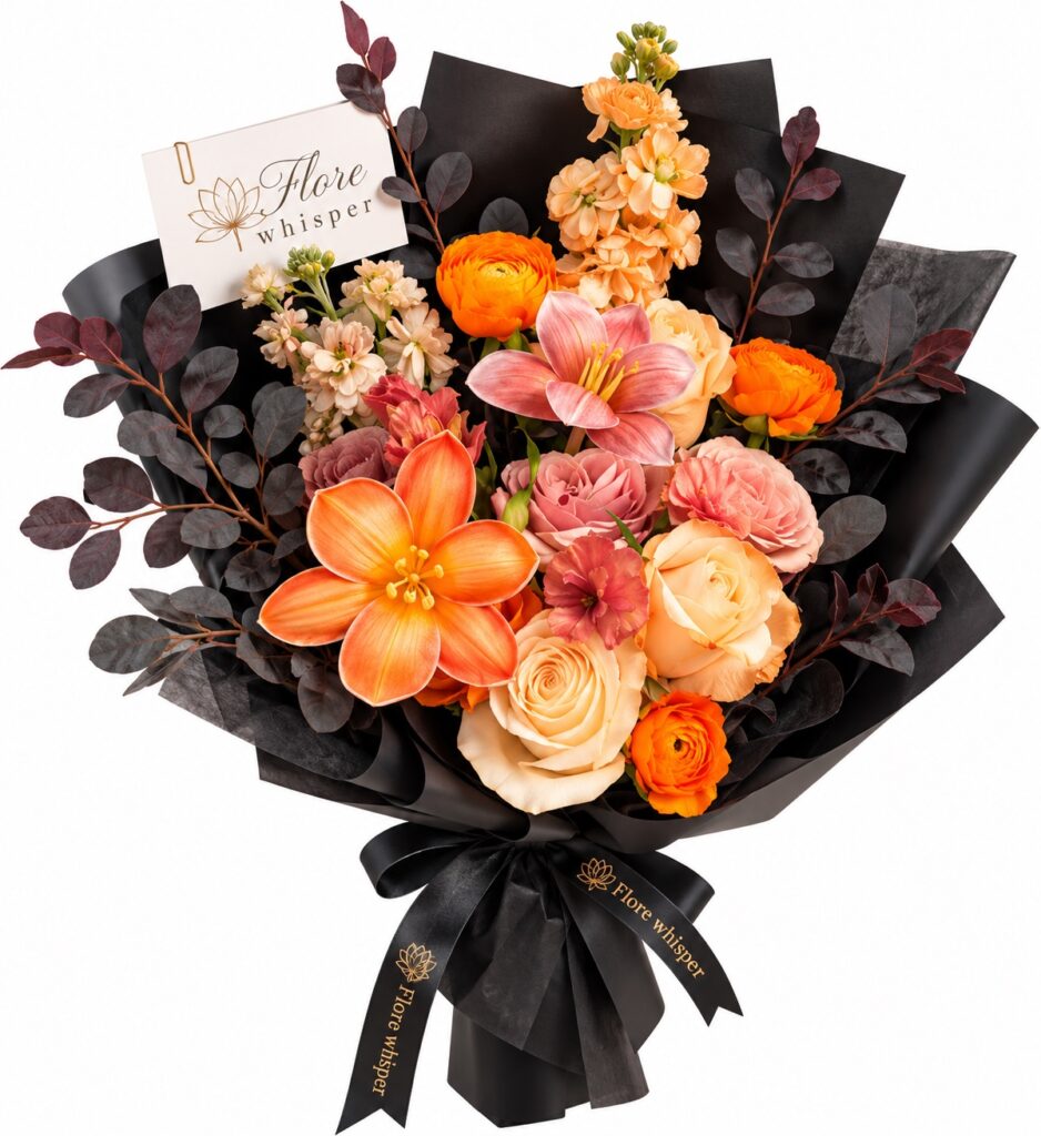 Sunset Romance orange and blush mixed flower bouquet in black wrapping on a white background